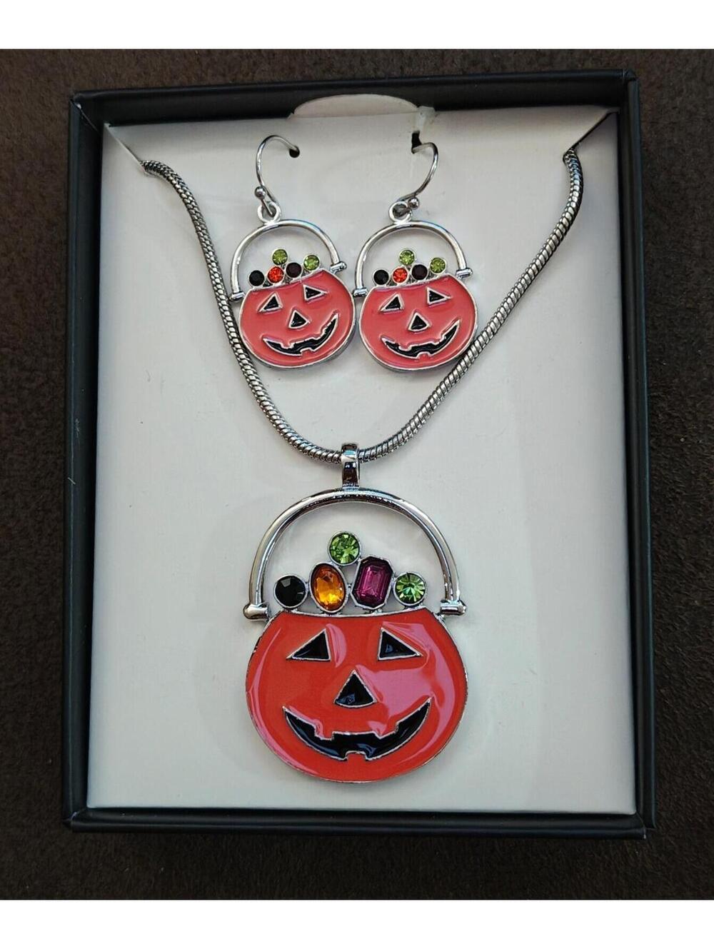 3 Pc Silver Tone Set Of Halloween Orange Jack-o-Lantern Earrings n Necklace